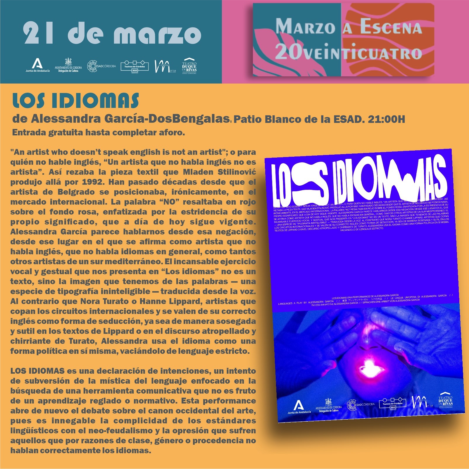 Los Idiomas. De Alessandra García-DosBengalas. En el Patio Blanco de la ESAD a las 21:00h el día 21 de marzo