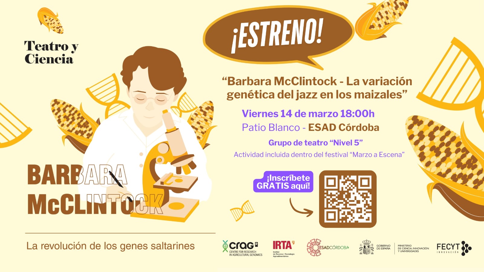 El próximo viernes 14 de marzo, la ESAD de Córdoba acogerá el estreno de una obra de teatro inspirada en la vida y legado de la científica Barbara McClintock, ganadora del Premio Nobel por su descubrimiento de los “genes saltarines” o transposones en el maíz.