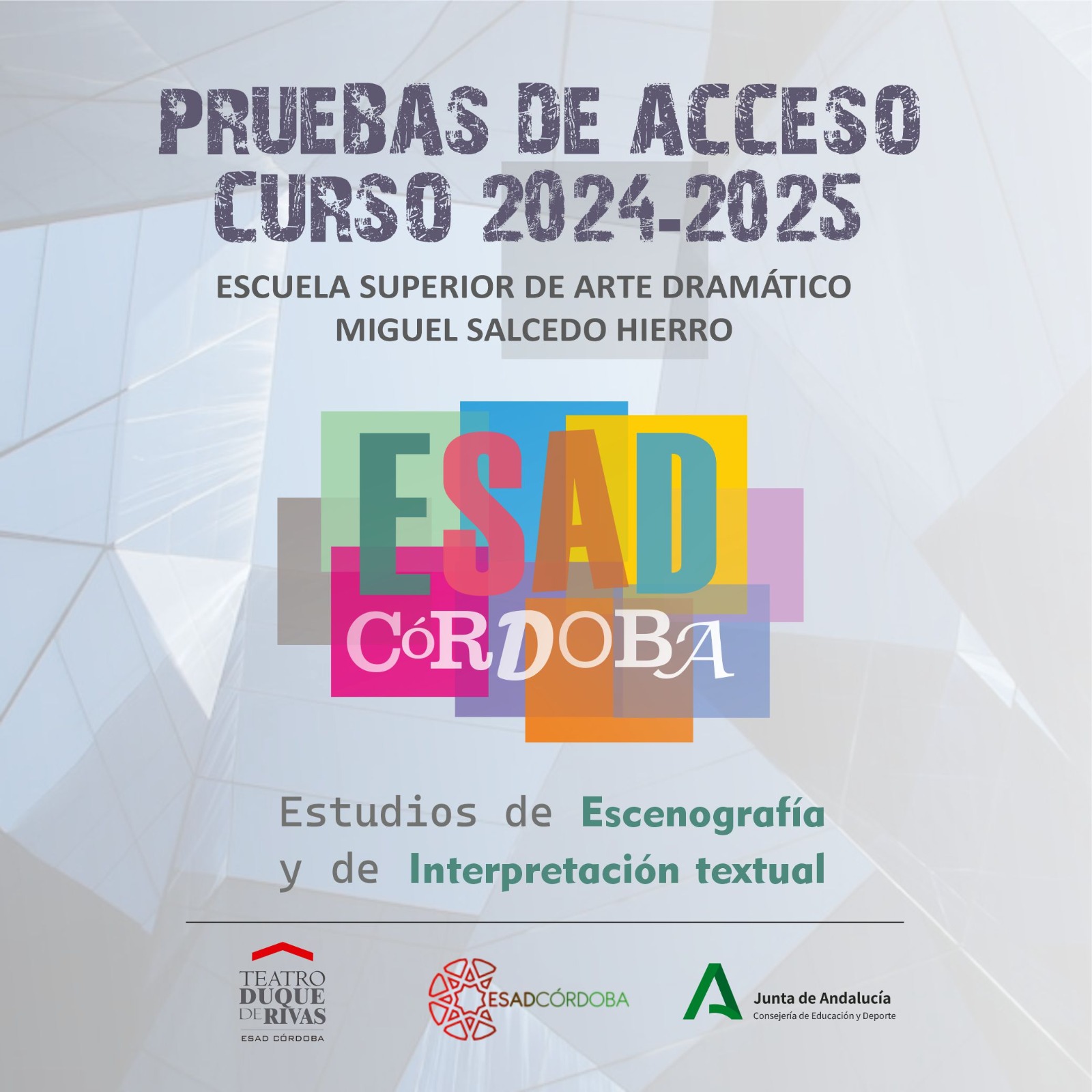 Imagen de portada de acceso al curso 2024-2025 en los estudios de Escenografía y de Interpretación Teatral
